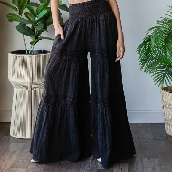 Oli & Hali Pants - NWOT Oli & Hali Tiered Wide Leg Goth Lace Boho Smocked Pants